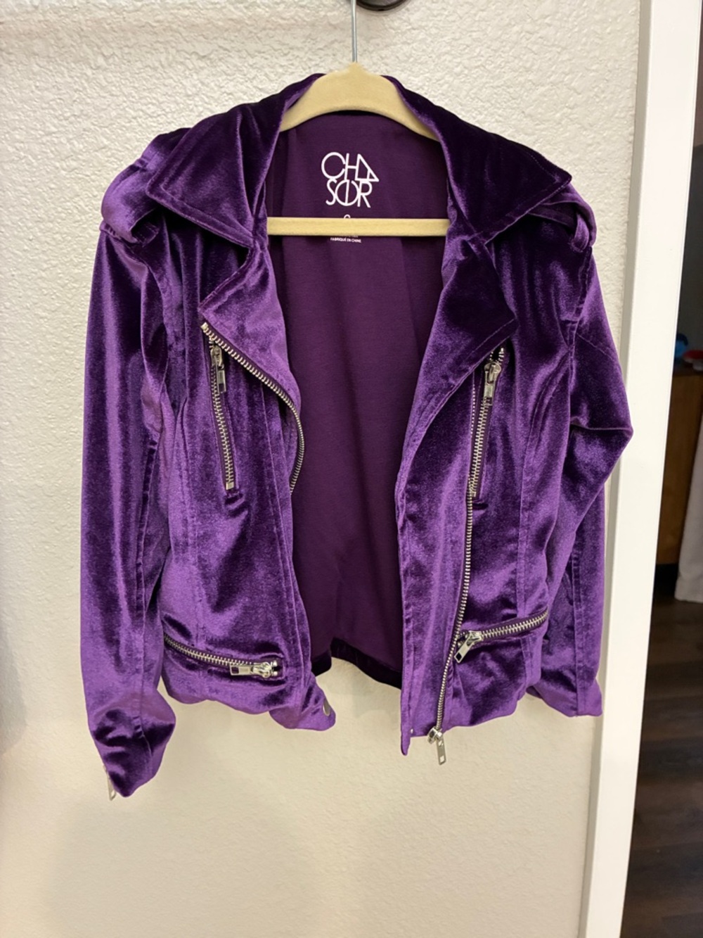 Chaser Purple Velvet Moto Jacket with Silver Zippers